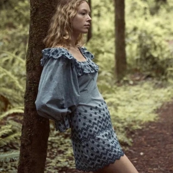 Doen Franique Cotton Ruffle Eyelet Long Sleeve Dress Azure Paris Gingham - Picture 1 of 4